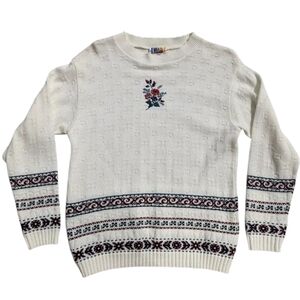 Vintage Embroidered Rose Detailed Knit Sweater with Scalloped Neck Woman's Small